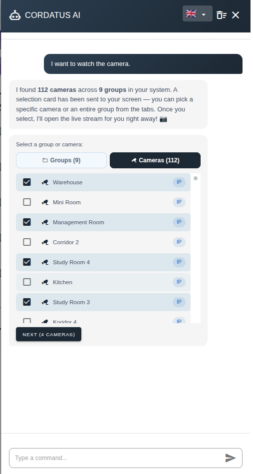 Selection card shown by the assistant — the camera picker